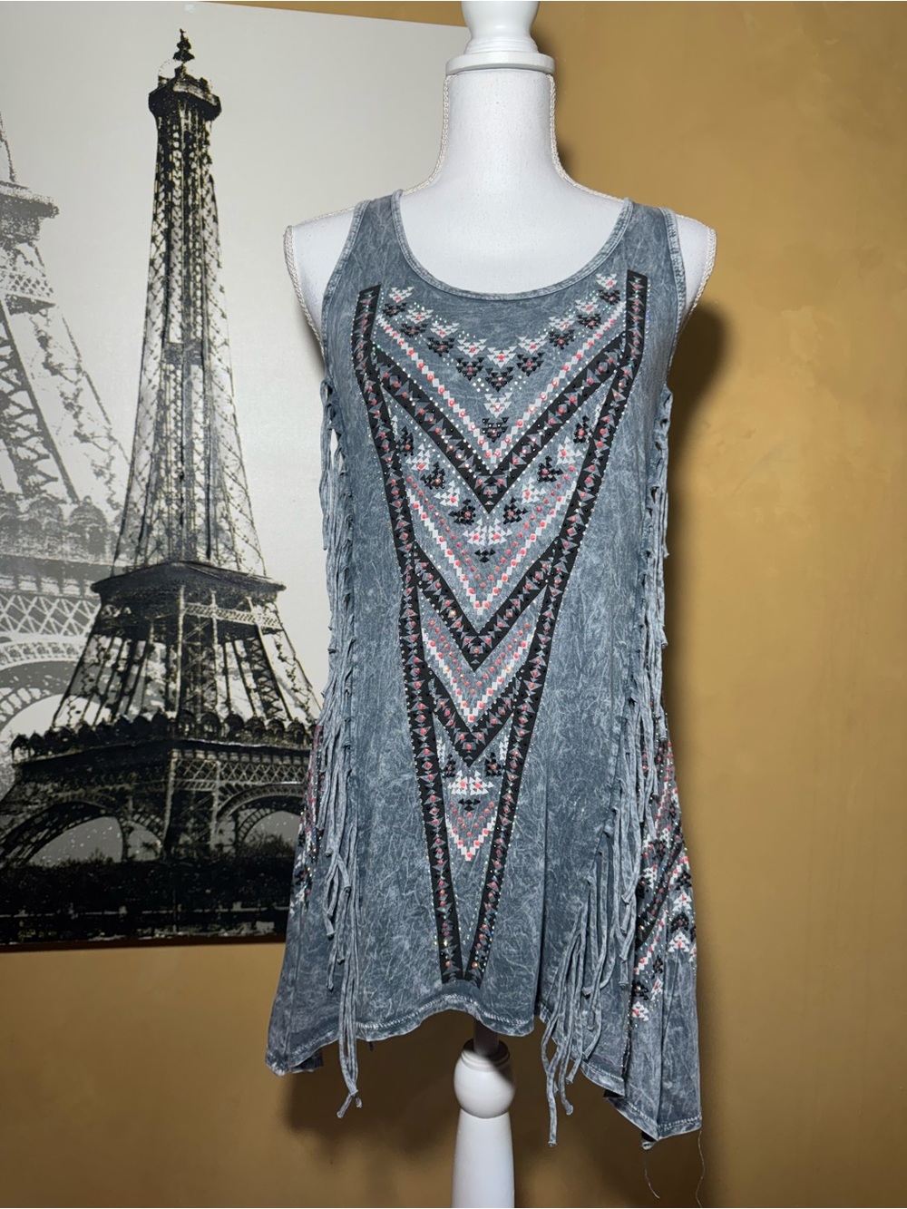 Vocal Brand Tank Beaded with Fringe Slate Boho Western Small